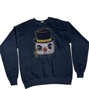 Hanes Ecosmart Christmas Sweatshirt Medium Black Snowman Rhinestones Ice Snowed